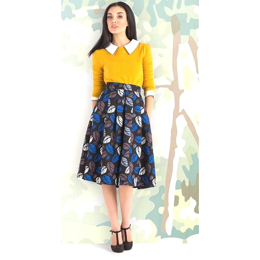 NWT A-Line Midi Skirt, Black With Leaf Pattern, Size L (Tagged XXL)